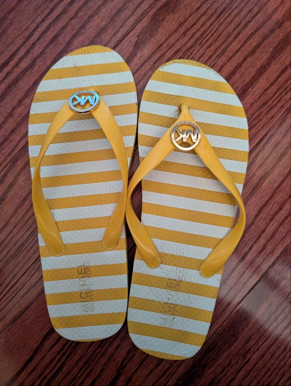 Michael Kors Yellow Striped Logo Flip Flops - Women's